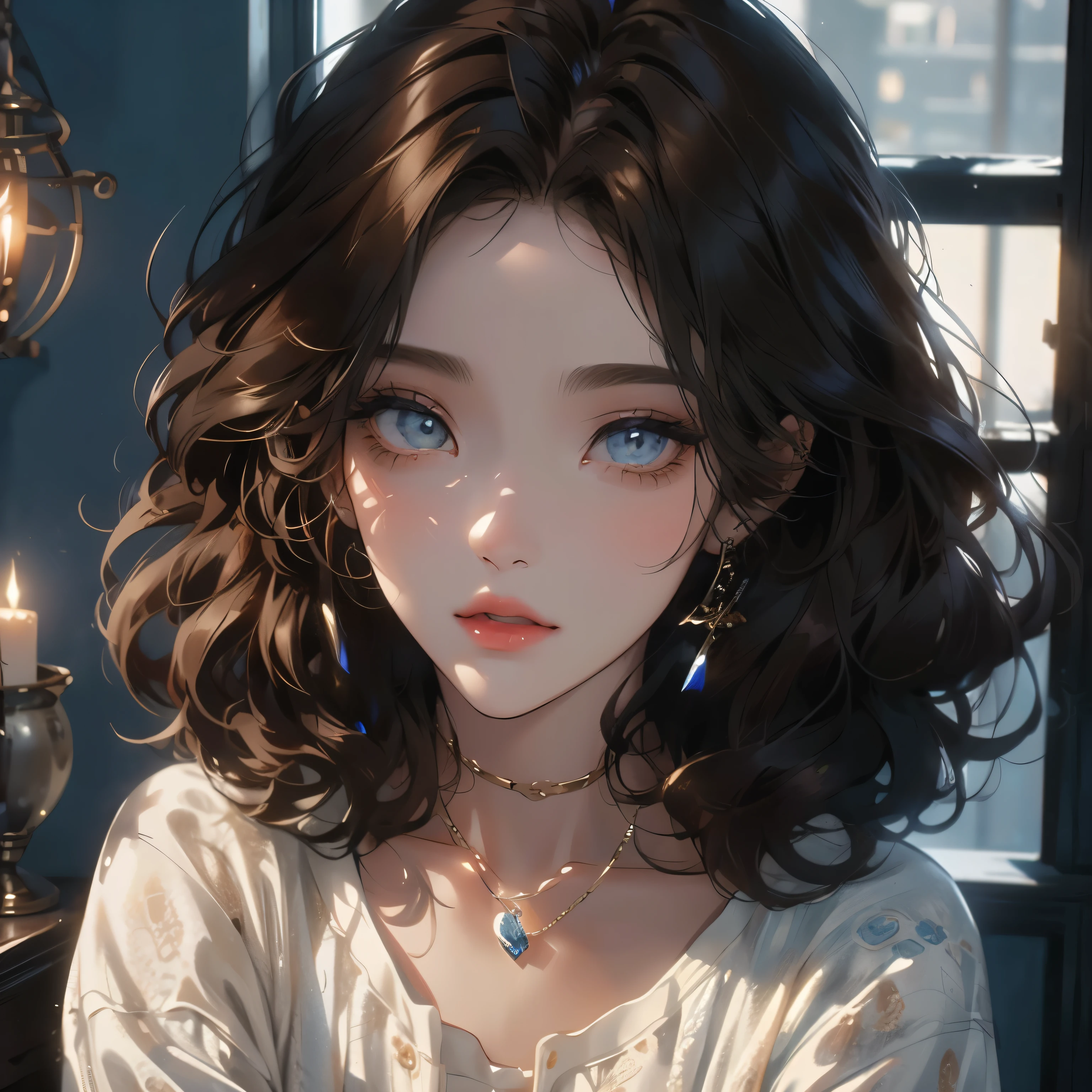portrait of a Beautiful girl with brown curly hair beautiful face, short hair, blue themed room, blue lighting,, cat eyes, eyeshadow, volume hair,rblue shiny clothes