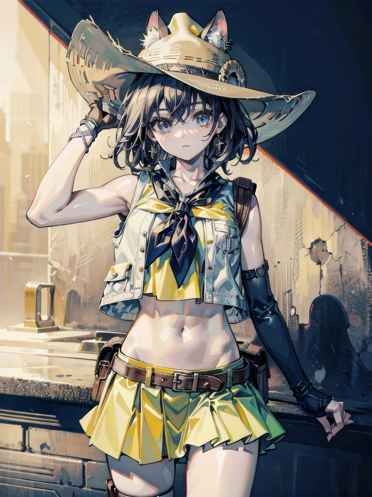 cowgirl costume, vest, cowboy hat, fingerless gloves, midriff, neckerchief, short skirt, holster, absurdres, RAW photo, extremely delicate and beautiful, masterpiece, Best Quality, ultra high resolution, 32k, hyperrealistic, ultra-detailed, detailed description, pale skin, 20 years old, tearful mole, earring, short medium hair, wavy hair, whole body shot,
