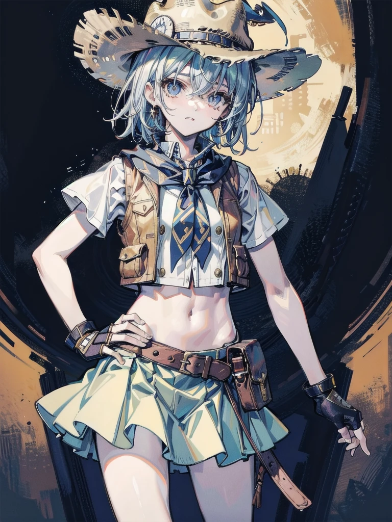 cowgirl costume, vest, cowboy hat, fingerless gloves, midriff, neckerchief, short skirt, holster, absurdres, RAW photo, extremely delicate and beautiful, masterpiece, Best Quality, ultra high resolution, 32k, hyperrealistic, ultra-detailed, detailed description, pale skin, 20 years old, tearful mole, earring, short medium hair, wavy hair, whole body shot,