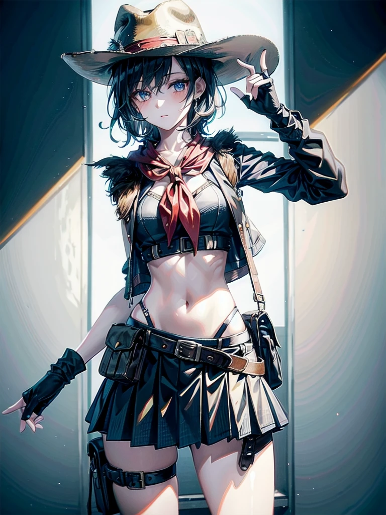 cowgirl costume, vest, cowboy hat, fingerless gloves, midriff, neckerchief, short skirt, holster, absurdres, RAW photo, extremely delicate and beautiful, masterpiece, Best Quality, ultra high resolution, 32k, hyperrealistic, ultra-detailed, detailed description, pale skin, 20 years old, tearful mole, earring, short medium hair, wavy hair, whole body shot,