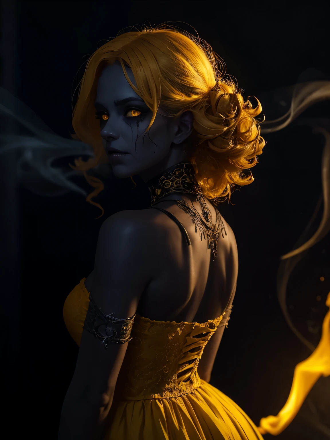 dark, unholy, evil, astral, creepy style, undead, rotting skin, mystical, nice perfect face, woman portrait from behind in a florest, smoke, mist, yellow dress, yellow glowing sun, big curly blonde hair, yellow glow, yellow eyes, horror
