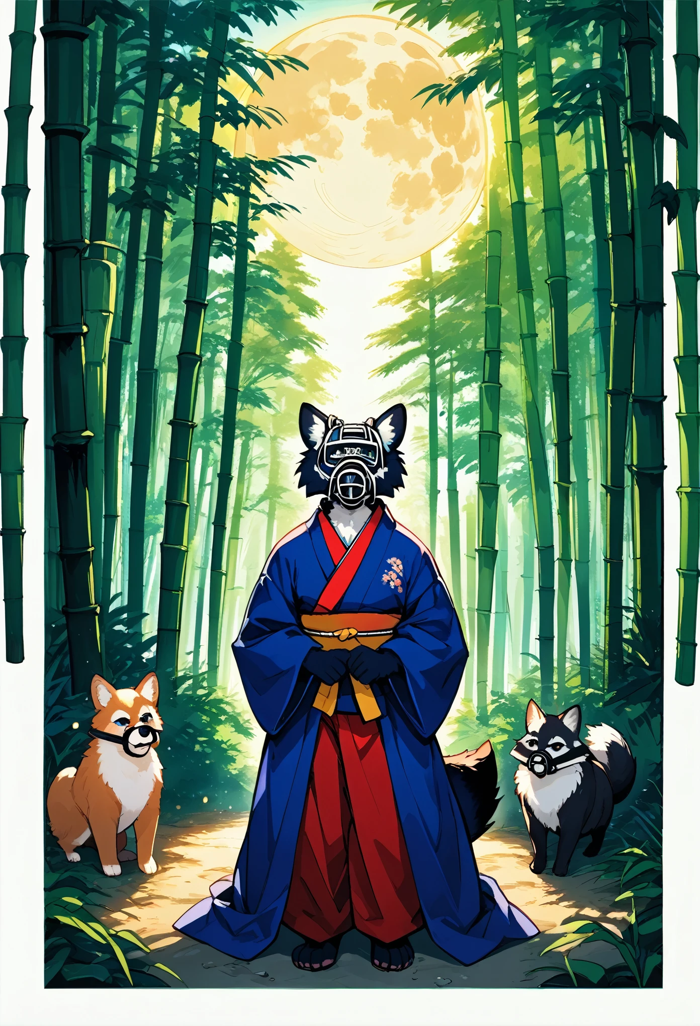 Top quality ultra-fine illustrations, movie posters, Zatoichi, Blind Swordsman (bamboo forest, dark night with beautiful full moon, rays of light through bamboo, backlighting, Tyndall phenomenon) (beautiful face and eyes, down to the details) Absurd perfect anatomy ((Beastman))) (furry, pairs, boy with girls on his back, Japan kimono, ninja, sword with blue flames, battle duels, concentration lines) ( Furry Antro: 1.7) ((((((Furry body, animal facial features, animal body features)))) (((((Highly detailed fur on the muzzle of the animal))))) full body, sturdy look, shouting, combat regime (dynamic pose),