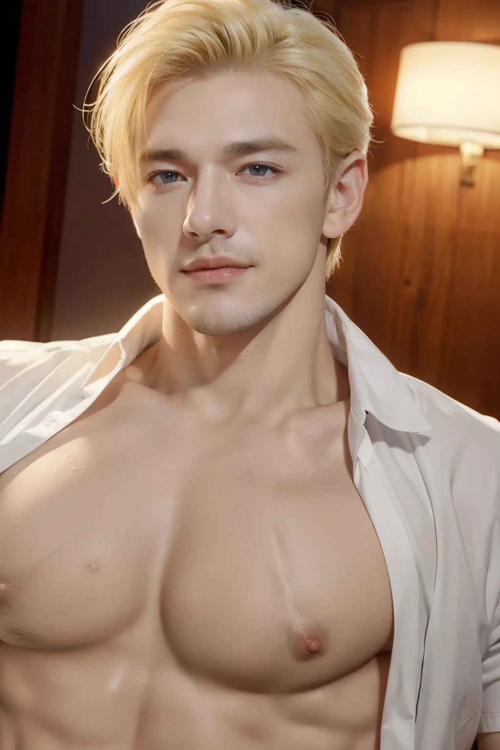 Masterpiece, best quality, handsome man, short hair, blonde, white shirt open chest, muscular, smirk, dominant male, realistic skin texture, realistic clothes texture, realistic hair, realistic, 8k resolution,