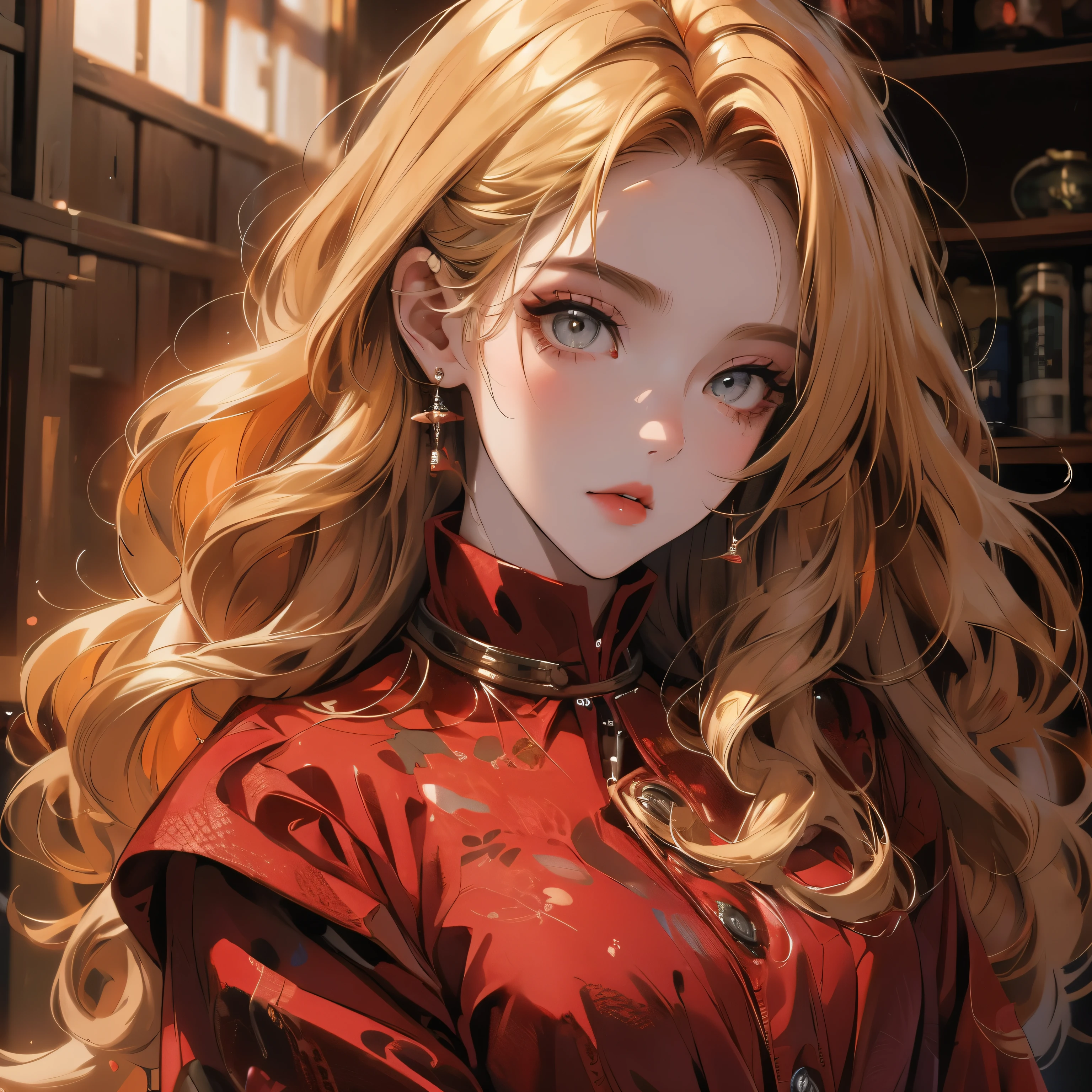 portrait of a Beautiful girl with blonde hair beautiful face, cat eyes, eyeshadow, volume hair,red shiny blouse ish clothing, long sleeves
