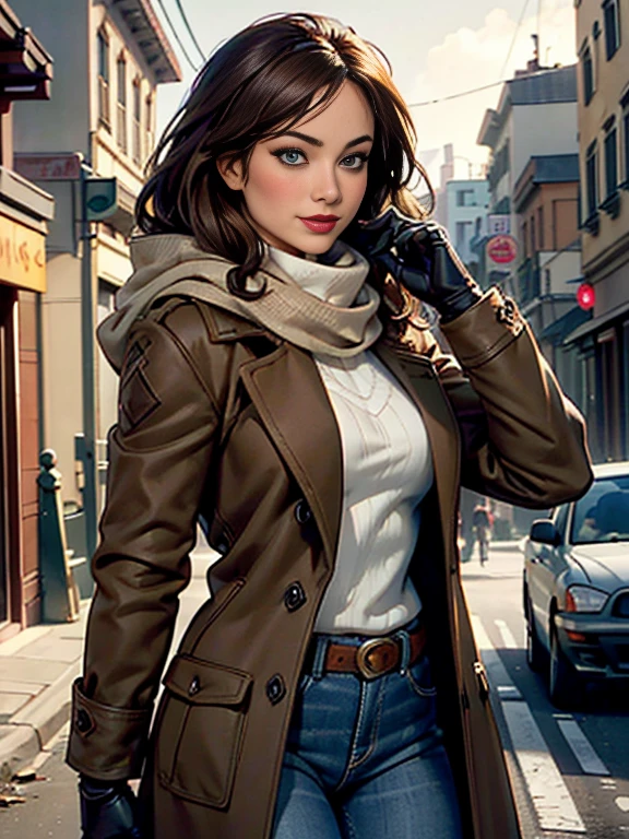 Olivia Wilde、(masterpiece:1.0)、(highest quality:1.2)、(Dark Shot:1.3)、Classic Rogue、1991 Rogue X-Men、1 girl、Only one person、Head to Toe、standing on street corner、Elegant pose、(clothing: Brown winter coat、Brown hood、Down lining、White scarf、gloves、jeans) Medium Hair、Brown Hair、Wavy Hair、1 grey hair、Green Eyeischievous look、Grin、Spread your lips、Red lipstick、Heavy makeup、Confident expression、Backlight、(realism: 1.5)、(realism: 1.4)、(Messy: 1.4)、8k、Very detailed、Detailed beautiful woman、(background: midnight、It&#39;s snowing、Downtown New York、Snowy Night)、Official Art、Very detailedな CG Unity 8k 壁紙、Perfect lighting、colorful、超High resolution、photograph、8k、High resolution、Kodak Portrait 400、Film Grain、ぼやけたbackground、(Bokeh:1.2)、(Bright colors:1.2)、Film Grain:1.2、(warm color、warm colorトーン:1.2)、(カラーphotograph)、プロのphotograph