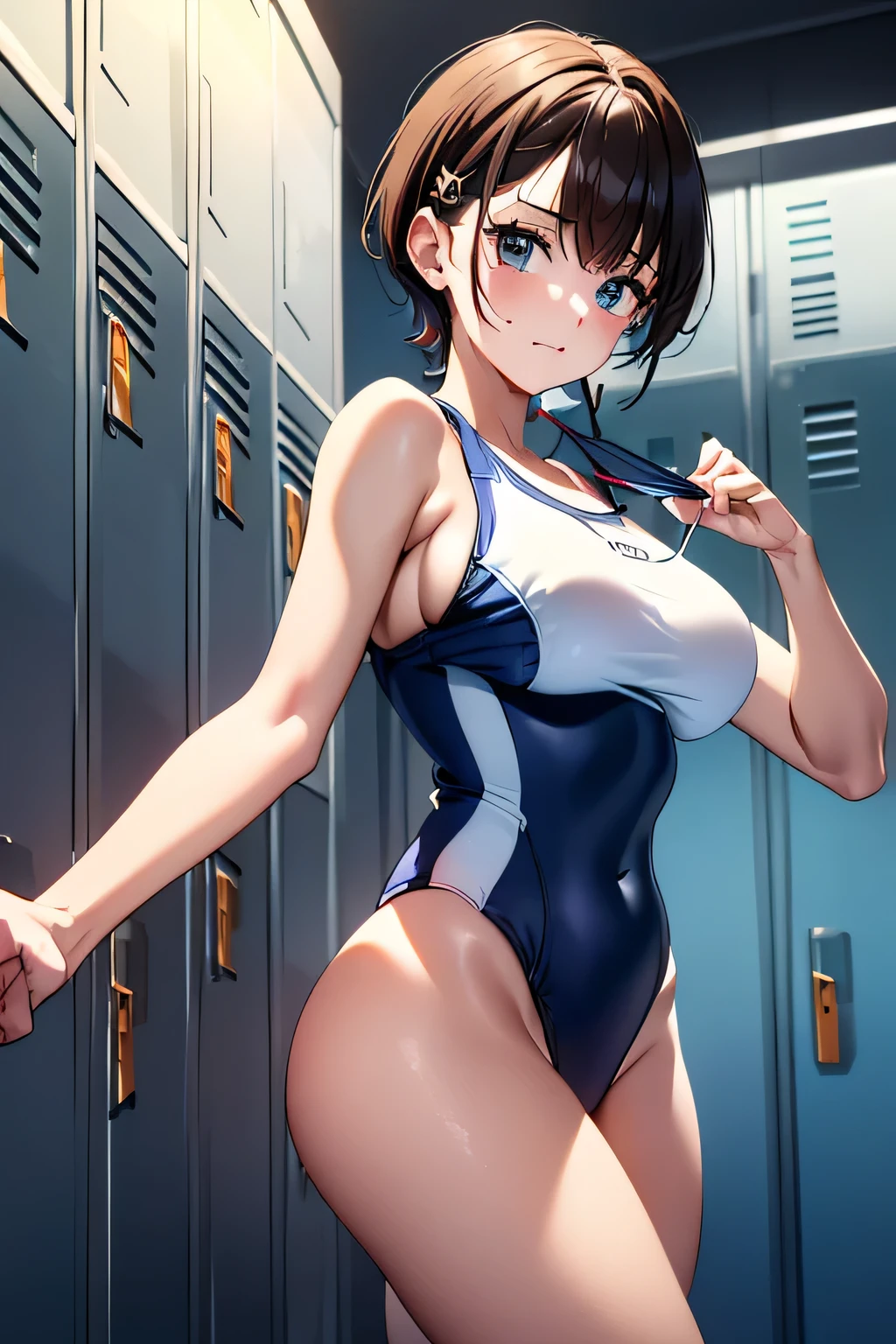 (((locker room:1.3))),(((Sports towel))), (((Changing room 1.3))),(((Uniforms hanging on hangers:1.3))),((Swimsuit change:1.7)),(((White one piece swimsuit))),Crying face,tears,Cute Face,Extreme close up of face,Shiny light brown and orange striped short hair,Perfect round face,iris,(hairpin、Floating Hair、),Big Breasts.Professional Lighting,Cinematic Light,(Tabletop,highest quality,Ultra-high resolution output images,) ,(8K quality),(Picture Mode Ultra HD),
