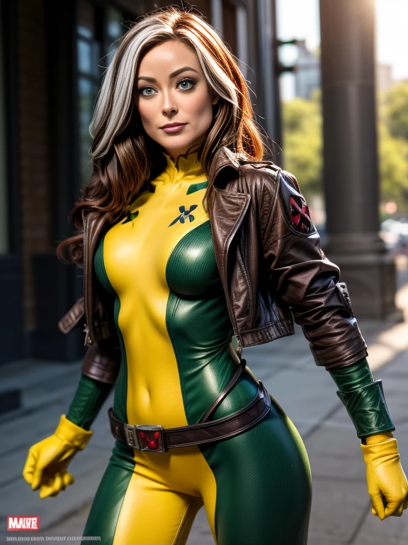 Olivia Wilde、masterpiece、High quality 4K、villain (X-Men)、Gothic Girl、Sculpted Body Gothic Makeup、Brown jacket、Yellow and green bodysuit、masterpiece、highest quality、Cowboy Shots、one personの女の子、one person、Technology Military Bodysuit、fringe