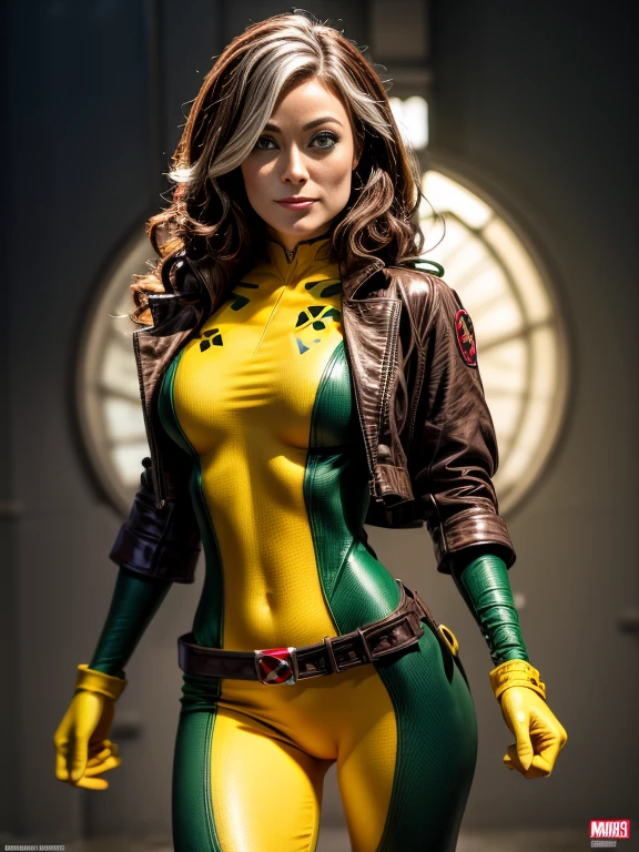 Olivia Wilde、masterpiece、High quality 4K、villain (X-Men)、Gothic Girl、Sculpted Body Gothic Makeup、Brown jacket、Yellow and green bodysuit、masterpiece、highest quality、Cowboy Shots、one personの女の子、one person、Technology Military Bodysuit、fringe