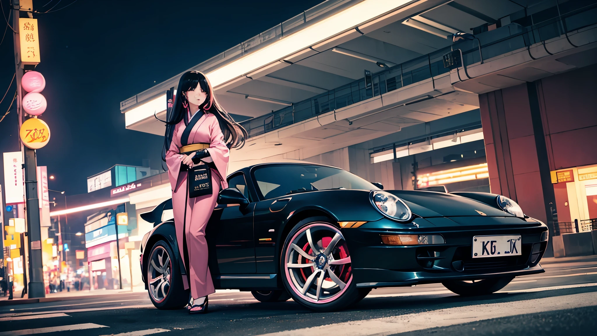 Beautiful Japanese woman with long black hair with pink highlights wearing modern bold clothes is leaning against her racing Porsche 911 in a city at night waiting for a new underground race, artificial lighting from streetlights, modern city, high definition, high resolution, details Intricate, dynamic composition, inspired by illegal night races