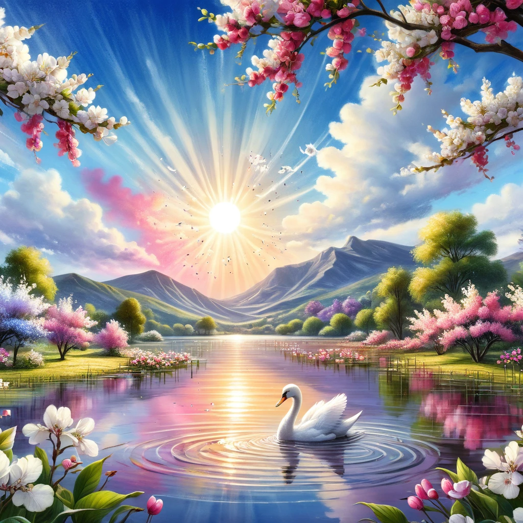 sky, sol, nuvens, cisnes no lago, plantation apple blossom flower White pink lilac blue, an explosion of colors, coisas complexas ao redor, complexo em segundo plano, pintura estilo 3D aquarela, imagem completa, high resolution, high contrast, Foto CRU, 8k hd