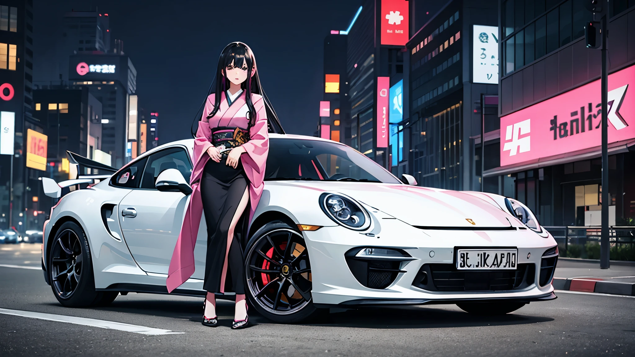 Beautiful Japanese woman with long black hair with pink highlights wearing modern bold clothes is leaning against her racing Porsche 911 in a city at night waiting for a new underground race, artificial lighting from streetlights, modern city, high definition, high resolution, details Intricate, dynamic composition, inspired by illegal night races