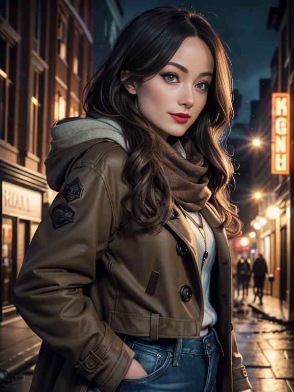 Olivia Wilde、(masterpiece:1.0)、(highest quality:1.2)、(Dark Shot:1.3)、Classic Rogue、1991 Rogue X-Men、1 girl、Only one person、Head to Toe、standing on street corner、Elegant pose、(clothing: Brown winter coat、Brown hood、Down lining、White scarf、gloves、jeans) Medium Hair、Brown Hair、Wavy Hair、1 grey hair、Green Eyeischievous look、Grin、Spread your lips、Red lipstick、Heavy makeup、Confident expression、Backlight、(realism: 1.5)、(realism: 1.4)、(Messy: 1.4)、8k、Very detailed、Detailed beautiful woman、(background: midnight、It&#39;s snowing、Downtown New York、Snowy Night)、Official Art、Very detailedな CG Unity 8k 壁紙、Perfect lighting、colorful、超High resolution、photograph、8k、High resolution、Kodak Portrait 400、Film Grain、ぼやけたbackground、(Bokeh:1.2)、(Bright colors:1.2)、Film Grain:1.2、(warm color、warm colorトーン:1.2)、(カラーphotograph)、プロのphotograph