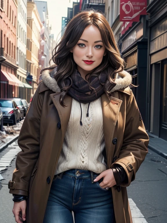 Olivia Wilde、(masterpiece:1.0)、(highest quality:1.2)、(Dark Shot:1.3)、Classic Rogue、1991 Rogue X-Men、1 girl、Only one person、Head to Toe、standing on street corner、Elegant pose、(clothing: Brown winter coat、Brown hood、Down lining、White scarf、gloves、jeans) Medium Hair、Brown Hair、Wavy Hair、1 grey hair、Green Eyeischievous look、Grin、Spread your lips、Red lipstick、Heavy makeup、Confident expression、Backlight、(realism: 1.5)、(realism: 1.4)、(Messy: 1.4)、8k、Very detailed、Detailed beautiful woman、(background: midnight、It's snowing、Downtown New York、Snowy Night)、Official Art、Very detailedな CG Unity 8k 壁紙、Perfect lighting、colorful、超High resolution、photograph、8k、High resolution、Kodak Portrait 400、Film Grain、ぼやけたbackground、(Bokeh:1.2)、(Bright colors:1.2)、Film Grain:1.2、(warm color、warm colorトーン:1.2)、(カラーphotograph)、プロのphotograph