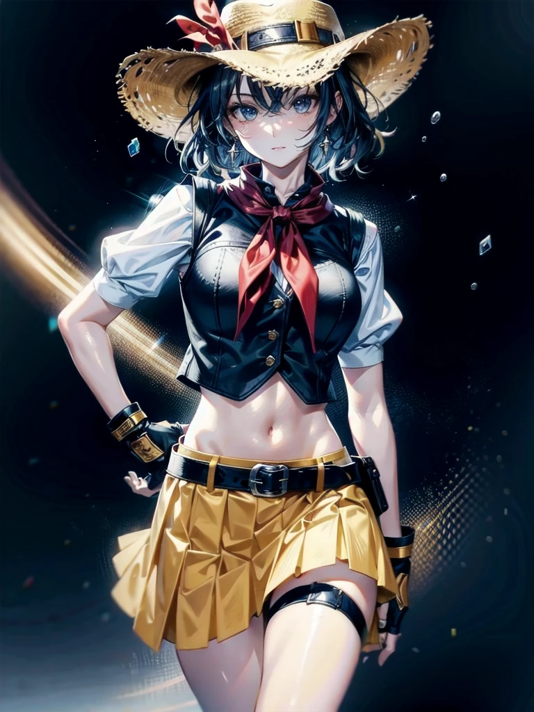 cowgirl costume, vest, cowboy hat, fingerless gloves, midriff, neckerchief, short skirt, holster, absurdres, RAW photo, extremely delicate and beautiful, masterpiece, Best Quality, ultra high resolution, 32k, hyperrealistic, ultra-detailed, detailed description, pale skin, 20 years old, tearful mole, earring, short medium hair, wavy hair, whole body shot,