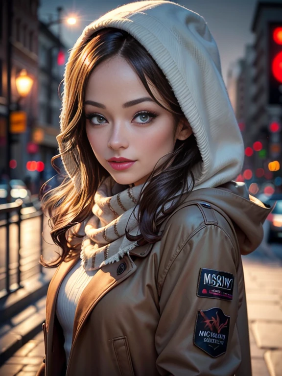 Olivia Wilde、(masterpiece:1.0)、(highest quality:1.2)、(Dark Shot:1.3)、Classic Rogue、1991 Rogue X-Men、1 girl、Only one person、Head to Toe、standing on street corner、Elegant pose、(clothing: Brown winter coat、Brown hood、Down lining、White scarf、gloves、jeans) Medium Hair、Brown Hair、Wavy Hair、1 grey hair、Green Eyeischievous look、Grin、Spread your lips、Red lipstick、Heavy makeup、Confident expression、Backlight、(realism: 1.5)、(realism: 1.4)、(Messy: 1.4)、8k、Very detailed、Detailed beautiful woman、(background: midnight、It's snowing、Downtown New York、Snowy Night)、Official Art、Very detailedな CG Unity 8k 壁紙、Perfect lighting、colorful、超High resolution、photograph、8k、High resolution、Kodak Portrait 400、Film Grain、ぼやけたbackground、(Bokeh:1.2)、(Bright colors:1.2)、Film Grain:1.2、(warm color、warm colorトーン:1.2)、(カラーphotograph)、プロのphotograph