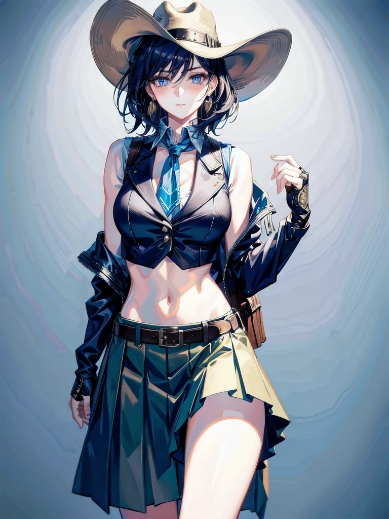 cowgirl costume, vest, cowboy hat, fingerless gloves, midriff, neckerchief, short skirt, holster, absurdres, RAW photo, extremely delicate and beautiful, masterpiece, Best Quality, ultra high resolution, 32k, hyperrealistic, ultra-detailed, detailed description, pale skin, 20 years old, tearful mole, earring, short medium hair, wavy hair, whole body shot,