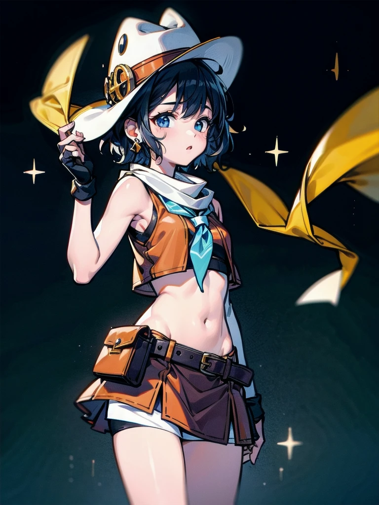 cowgirl costume, vest, cowboy hat, fingerless gloves, midriff, neckerchief, short skirt, holster, absurdres, RAW photo, extremely delicate and beautiful, masterpiece, Best Quality, ultra high resolution, 32k, hyperrealistic, ultra-detailed, detailed description, pale skin, 20 years old, tearful mole, earring, short medium hair, wavy hair, whole body shot,