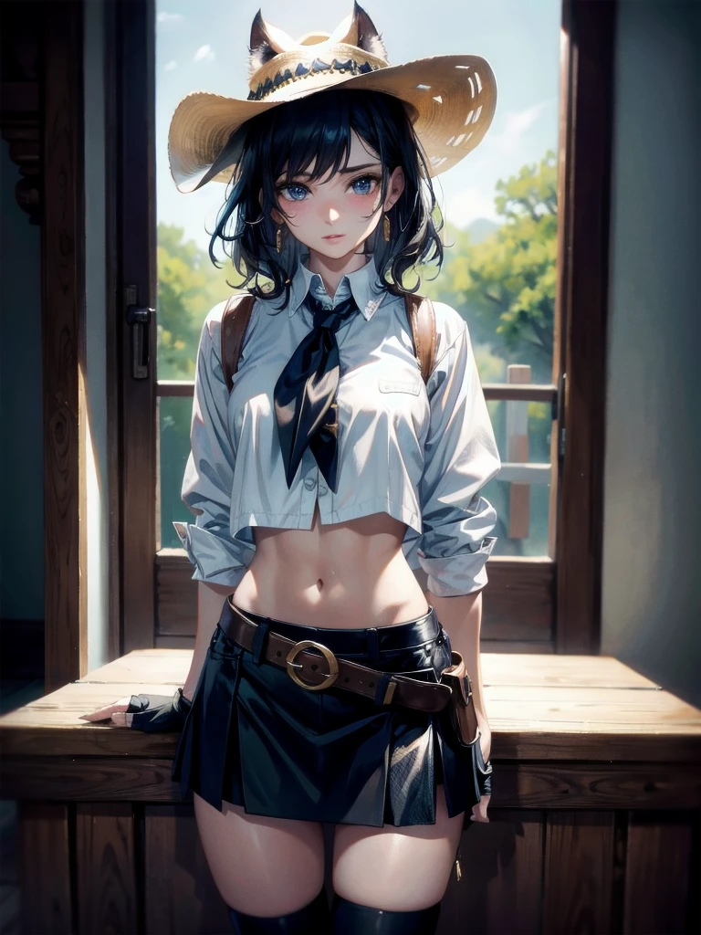 cowgirl costume, vest, cowboy hat, fingerless gloves, midriff, neckerchief, short skirt, holster, absurdres, RAW photo, extremely delicate and beautiful, masterpiece, Best Quality, ultra high resolution, 32k, hyperrealistic, ultra-detailed, detailed description, pale skin, 20 years old, tearful mole, earring, short medium hair, wavy hair, whole body shot,