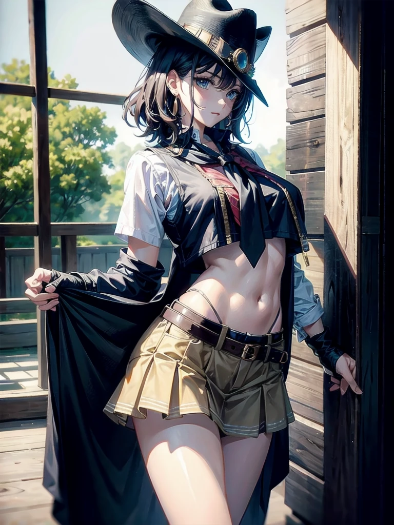 cowgirl costume, vest, cowboy hat, fingerless gloves, midriff, neckerchief, short skirt, holster, absurdres, RAW photo, extremely delicate and beautiful, masterpiece, Best Quality, ultra high resolution, 32k, hyperrealistic, ultra-detailed, detailed description, pale skin, 20 years old, tearful mole, earring, short medium hair, wavy hair, whole body shot,
