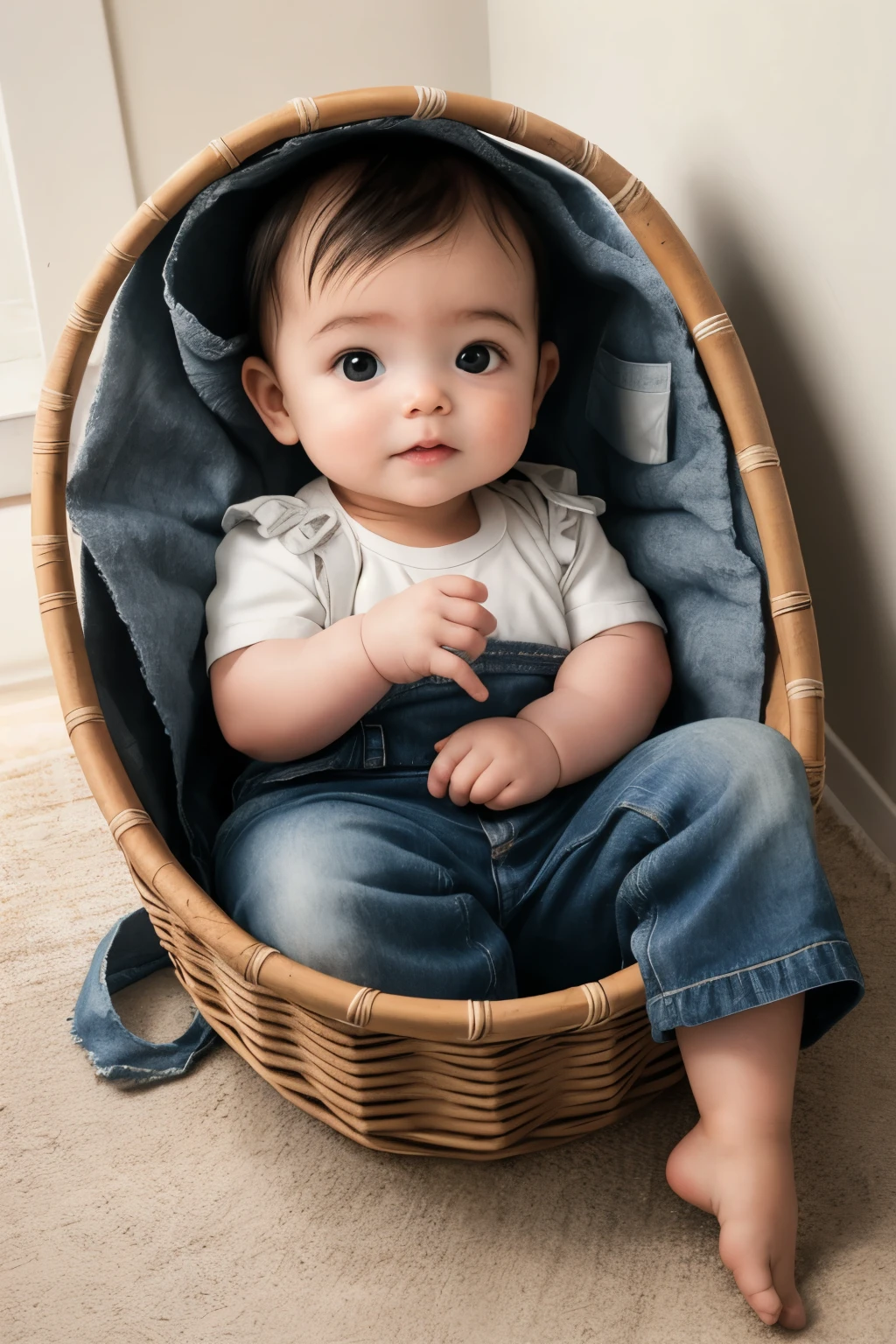 baby in a basket with rags