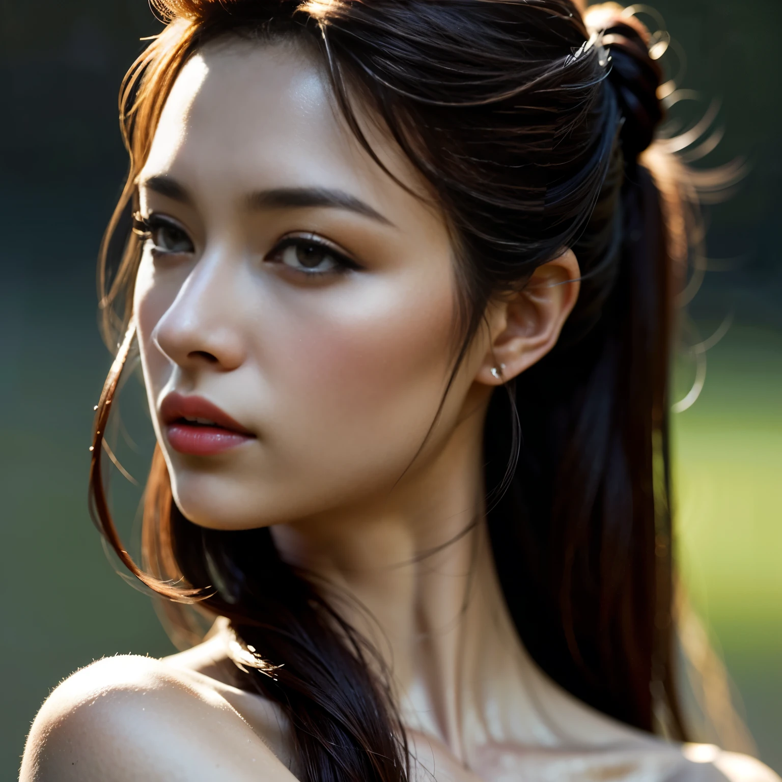 a delicate erotic female figure, beautiful detailed eyes,beautiful detailed lips,extremely detailed eyes and face,long eyelashes, nude woman, sensual pose, smooth porcelain skin, warm lighting, delicate colors, cinematic composition, masterpiece, (best quality,4k,8k,highres,masterpiece:1.2),ultra-detailed,(realistic,photorealistic,photo-realistic:1.37),high fashion, elegant, graceful, alluring, captivating, ethereal, glowing skin, fine brushstrokes, soft focused background, sophisticated aesthetic、Cowboy Shot