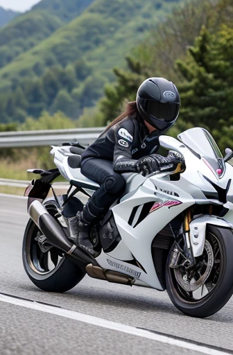 best quality, detailed, beautiful, insanely detailed, absurdres,perfect anatomy, Two racer replica motorcycles speeding down the highway, Japanese female,black hair,27 years old, (slender), (small breasts),(super fucking beautiful),