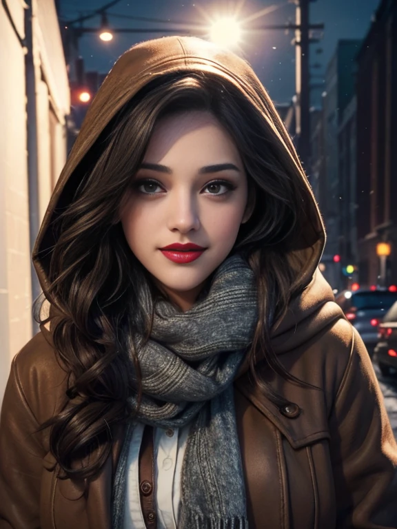 (masterpiece:1.0)、(highest quality:1.2)、(Dark Shot:1.3)、Kat Dennings、Classic Rogue、1991 Rogue X-Men、1 girl、Only one person、Head to Toe、standing on street corner、Elegant pose、(clothing: Brown winter coat、Brown hood、Down lining、White scarf、gloves、jeans) Medium Hair、Brown Hair、Wavy Hair、1 grey hair、Green Eyeischievous look、Grin、Spread your lips、Red lipstick、Heavy makeup、Confident expression、Backlight、(realism: 1.5)、(realism: 1.4)、(Messy: 1.4)、8k、Very detailed、Detailed beautiful woman、(background: midnight、It's snowing、Downtown New York、Snowy Night)、Official Art、Very detailedな CG Unity 8k 壁紙、Perfect lighting、colorful、超High resolution、photograph、8k、High resolution、Kodak Portrait 400、Film Grain、ぼやけたbackground、(Bokeh:1.2)、(Bright colors:1.2)、Film Grain:1.2、(warm color、warm colorトーン:1.2)、(カラーphotograph)、プロのphotograph