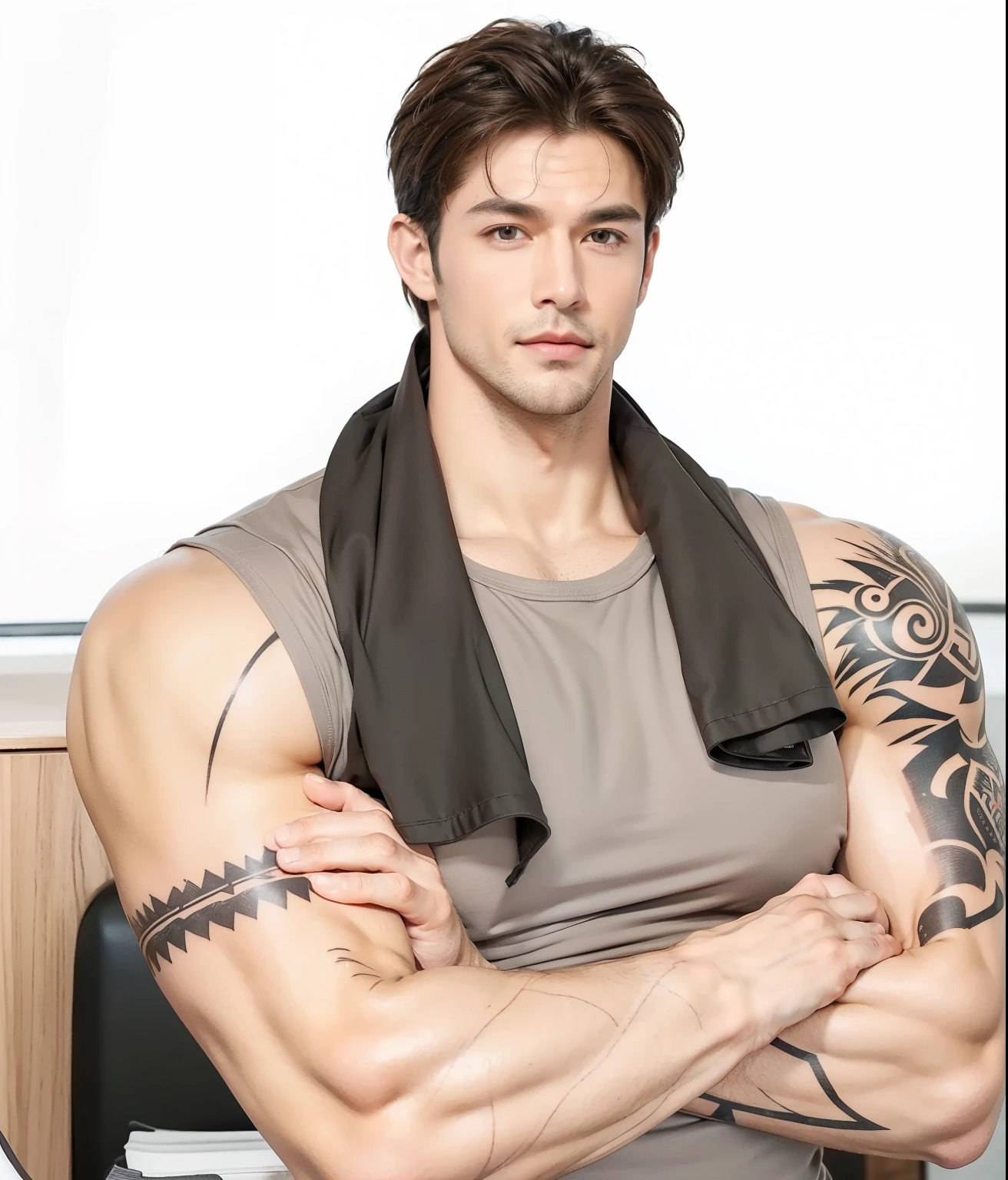 Masterpiece, best quality, handsome man, brown hair, gray shirt ripped, muscular, smirk, dominant male, realistic skin texture, realistic clothes texture, realistic hair, realistic, 8k resolution, muscular, big chest, big arms, tattooed arms, veiny, muscular chest, muscular arms, athlete