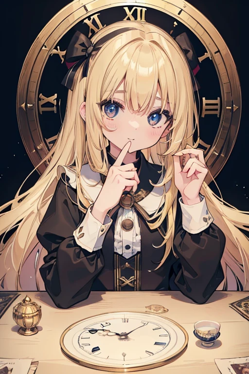 (8k, highest quality, Tabletop:1.2)、Ultra-high resolution、One 12-year-old girl, Detailed face、black eye, Blonde, Long Hair, Alice in Wonderland, rabbit with a clock
