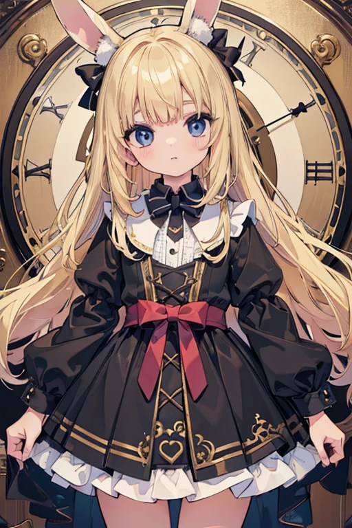 (8k, highest quality, Tabletop:1.2)、Ultra-high resolution、One 12-year-old girl, Detailed face、black eye, Blonde, Long Hair, Alice in Wonderland, rabbit with a clock