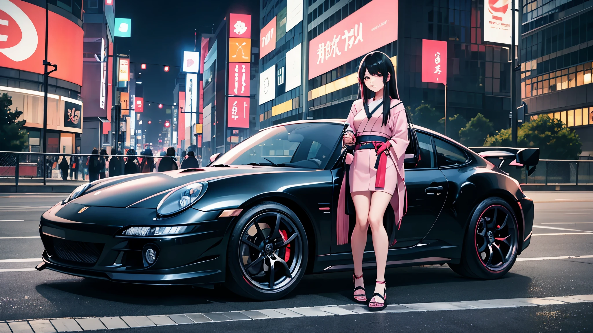 Beautiful Japanese woman with long black hair with pink highlights wearing modern sexy casual clothes is leaning against her racing Porsche 911 in a city at night waiting for a new underground race, artificial lighting from streetlights, modern city, high definition, high resolution, Intricate details, dynamic composition, inspired by illegal night races