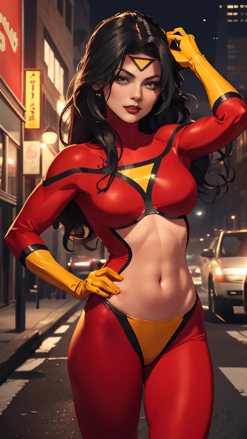 (Highly quality, masterpiece, detailed), Night city detailed scenario, Night city detailed background, 20 years old girl, Jessica_Drew_aiwaifu, long hair, black hair, large breasts, lips, lipstick, makeup, toned, superhero, gloves, red shirt, red pants, yellow gloves, Leather clothes, yellow shirt, yellow pants, thighs, crop top, Abdomen, Navel, beautiful eyes, perfect eyes, looking at the viewer, Sexy pose