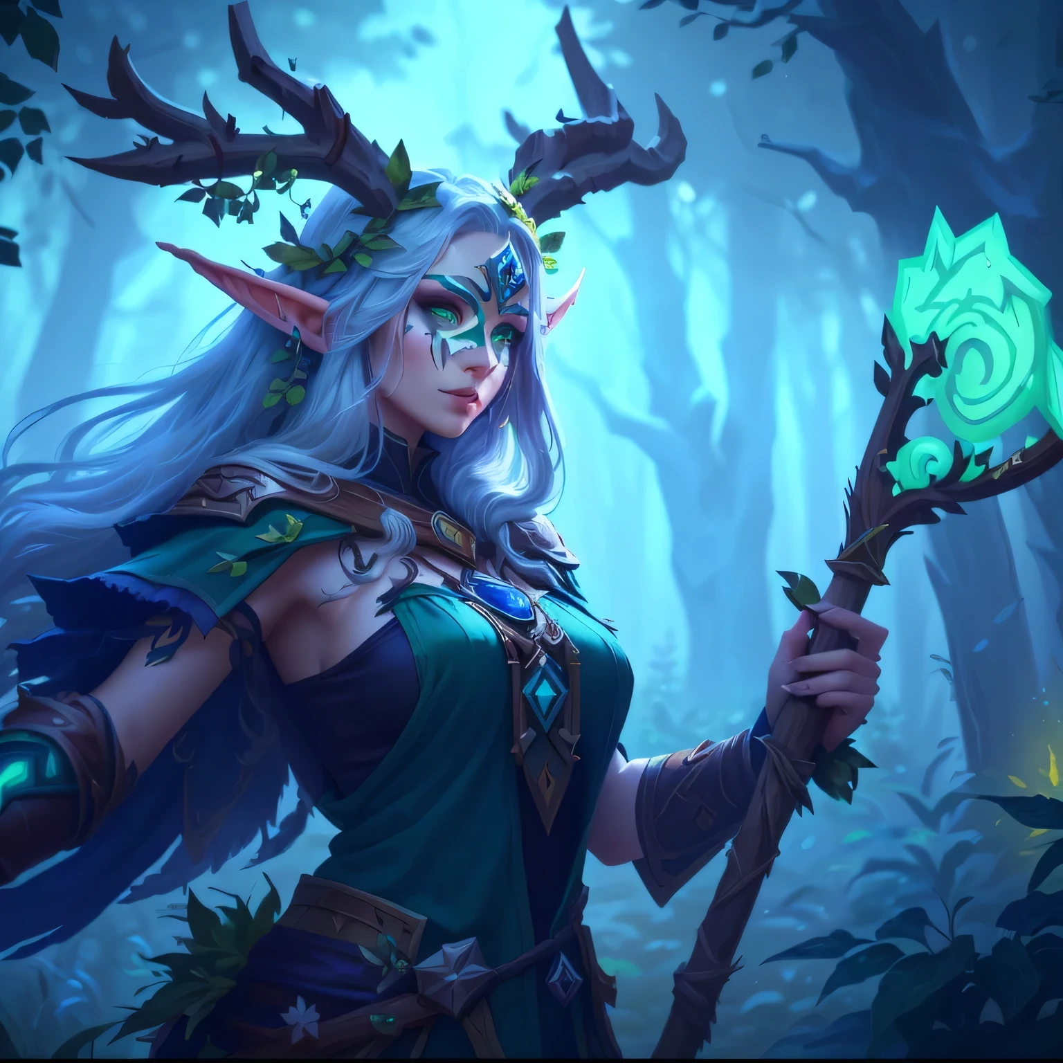 a close up of a woman with a green and blue costume holding a stick, world of warcraft elven druid, tree druid, nature druid, fey queen of the summer forest, druid portrait, from hearthstone, forest hunter lady, forest soul, in hearthstone art style, druid goddess, from league of legends, keyleth, a druid, goddess of the forest, White Mask