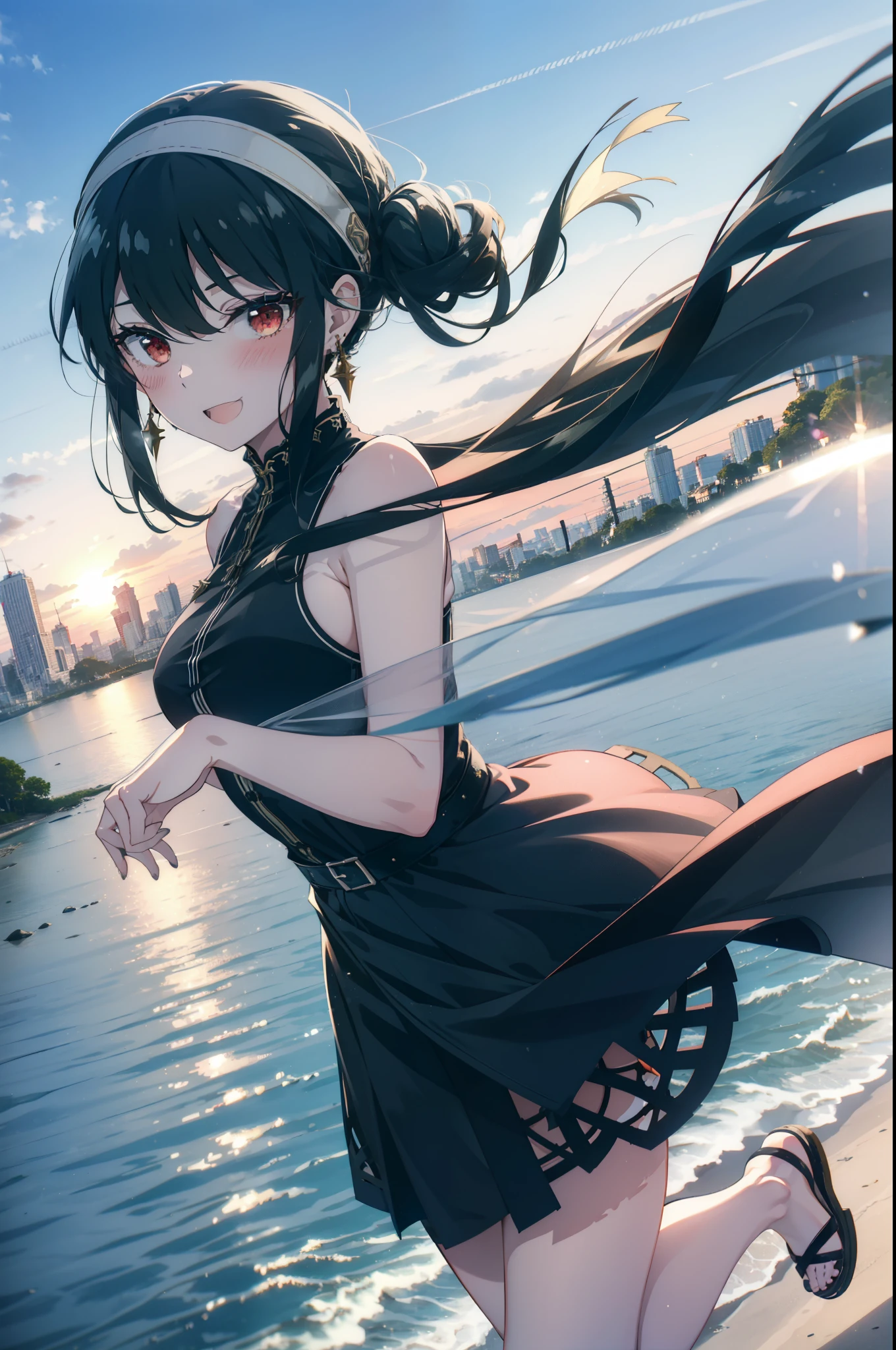 Your thorns, One girl, blush, Black Hair,Red eyes, hair band, jewelry, Earrings, happy smile, smile, Open your mouth, Black sleeveless dress,Bare arms,Long skirt,Cute Sandals,whole bodyがイラストに入るように,morning,morning陽,The sun is rising,
break looking at viewer,whole body,
break outdoors, city,construction area,Coastal Road,
break (masterpiece:1.2), highest quality, High resolution, unity 8k wallpaper, (shape:0.8), (Beautiful details:1.6), Highly detailed face, Perfect lighting, Extremely detailed CG, (Perfect hands, Perfect Anatomy),