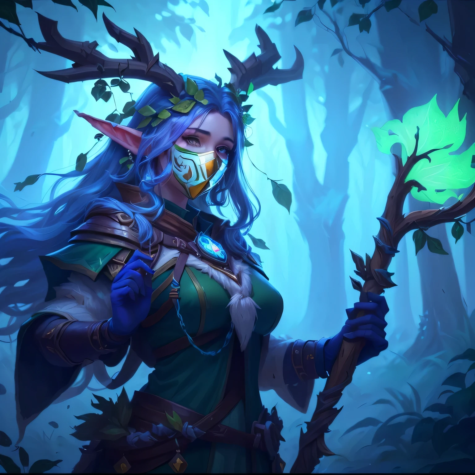 a close up of a woman with a green and blue costume holding a stick, world of warcraft elven druid, tree druid, nature druid, fey queen of the summer forest, druid portrait, from hearthstone, forest hunter lady, forest soul, in hearthstone art style, druid goddess, from league of legends, keyleth, a druid, goddess of the forest, Full Face Mask, Purple Skin