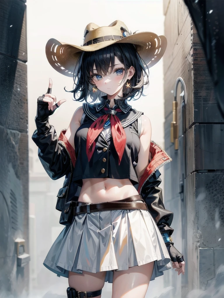 cowgirl costume, vest, cowboy hat, fingerless gloves, midriff, neckerchief, short skirt, holster, absurdres, RAW photo, extremely delicate and beautiful, masterpiece, Best Quality, ultra high resolution, 32k, hyperrealistic, ultra-detailed, detailed description, pale skin, 20 years old, tearful mole, earring, short medium hair, wavy hair, whole body shot,