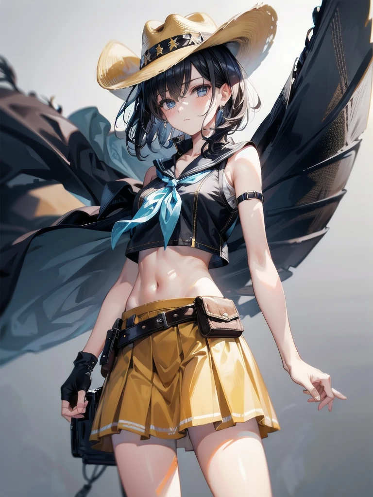 cowgirl costume, vest, cowboy hat, fingerless gloves, midriff, neckerchief, short skirt, holster, absurdres, RAW photo, extremely delicate and beautiful, masterpiece, Best Quality, ultra high resolution, 32k, hyperrealistic, ultra-detailed, detailed description, pale skin, 20 years old, tearful mole, earring, short medium hair, wavy hair, whole body shot,
