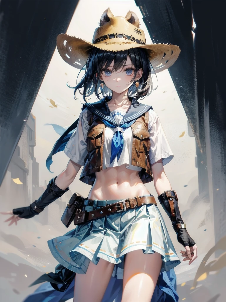 cowgirl costume, vest, cowboy hat, fingerless gloves, midriff, neckerchief, short skirt, holster, absurdres, RAW photo, extremely delicate and beautiful, masterpiece, Best Quality, ultra high resolution, 32k, hyperrealistic, ultra-detailed, detailed description, pale skin, 20 years old, tearful mole, earring, short medium hair, wavy hair, whole body shot,