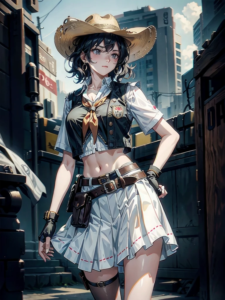 cowgirl costume, vest, cowboy hat, fingerless gloves, midriff, neckerchief, short skirt, holster, absurdres, RAW photo, extremely delicate and beautiful, masterpiece, Best Quality, ultra high resolution, 32k, hyperrealistic, ultra-detailed, detailed description, pale skin, 20 years old, tearful mole, earring, short medium hair, wavy hair, whole body shot,