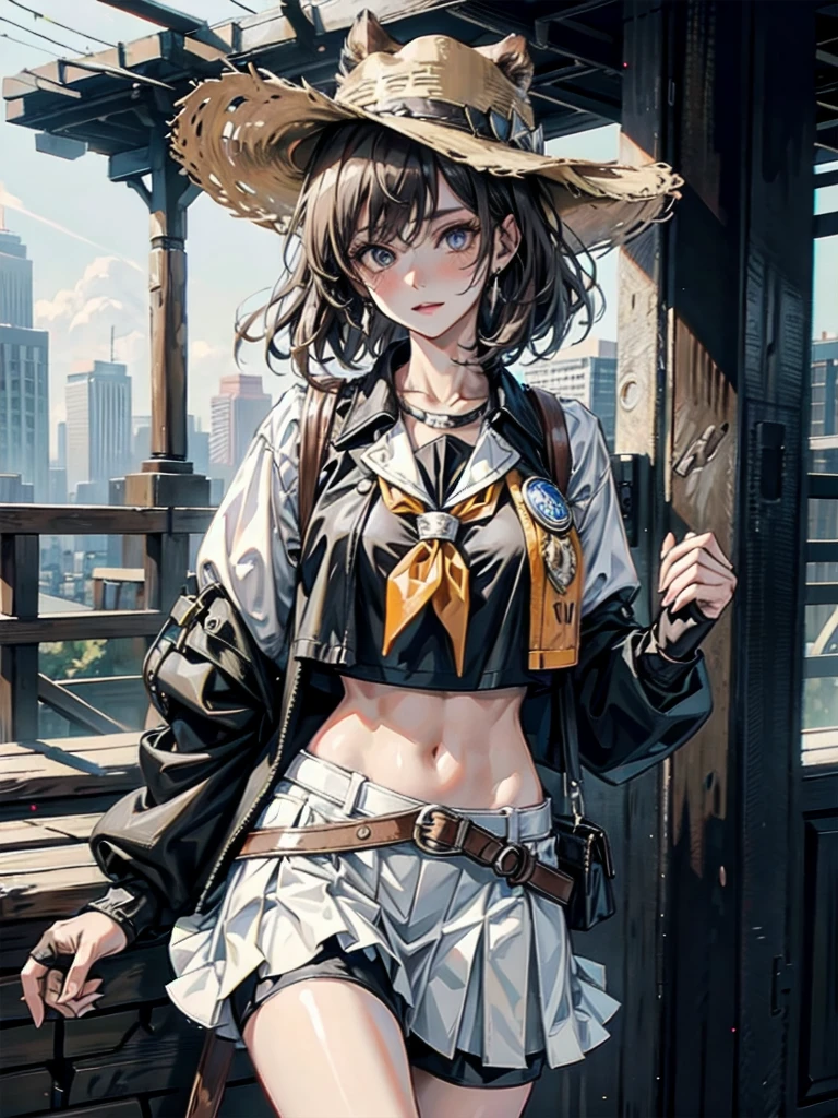 cowgirl costume, vest, cowboy hat, fingerless gloves, midriff, neckerchief, short skirt, holster, absurdres, RAW photo, extremely delicate and beautiful, masterpiece, Best Quality, ultra high resolution, 32k, hyperrealistic, ultra-detailed, detailed description, pale skin, 20 years old, tearful mole, earring, short medium hair, wavy hair, whole body shot,