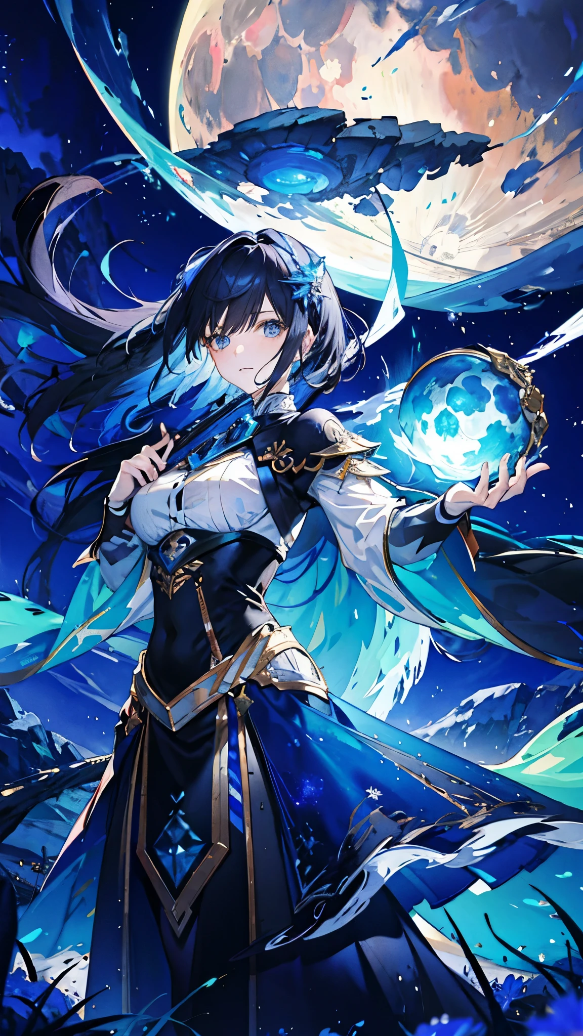 (masterpiece, highest quality), (Detailed Hair), watercolor, Big breasted, Vast landscape photography, 4K, (Dynamic configuration:1.4), Very detailed, masterpiece, One girl, universe, Concept Art, Shining Lights, Vast landscape photography, Atmospheric lighting, dream-like, Magic, one person, full moon, shooting star, nebula, Presented from above, Intricate details, The beauty of the universe, Bright blue, black, Strong light, midjourney