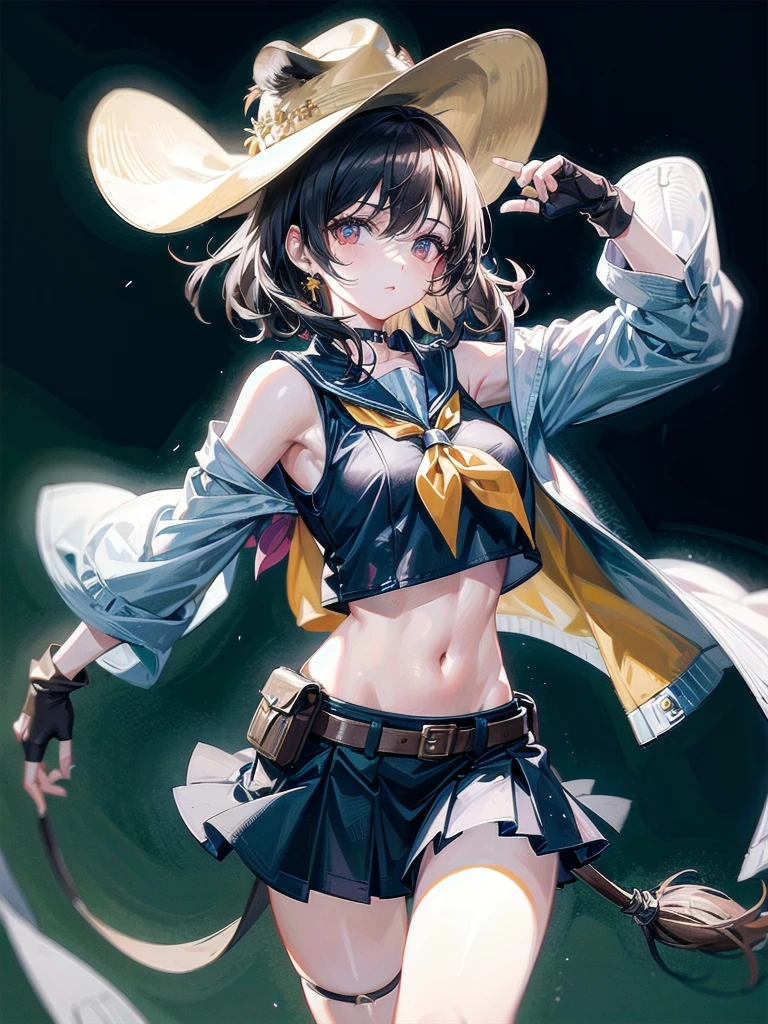 cowgirl costume, vest, cowboy hat, fingerless gloves, midriff, neckerchief, short skirt, holster, absurdres, RAW photo, extremely delicate and beautiful, masterpiece, Best Quality, ultra high resolution, 32k, hyperrealistic, ultra-detailed, detailed description, pale skin, 20 years old, tearful mole, earring, short medium hair, wavy hair, whole body shot,