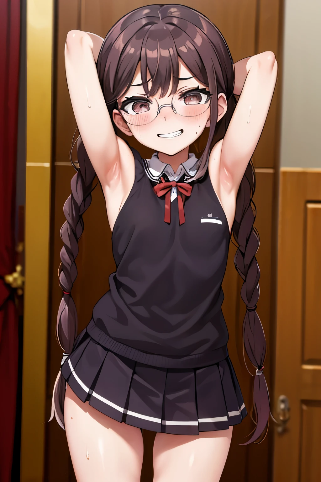 (masterpiece,highest quality,Ultra-high resolution),((Perfect Face, Perfect body,Beautiful Eyes)),(cowboy shot),hair, braid, glasses, twin braids, round eyewear, (brown eyes:1.3),skirt,socks,(small tits,topless),hentai,(blush,A strained smile,Sweat:1.2),standing,(Put your arms behind your head, Spread your arms,hide finger),Hotel,indoor