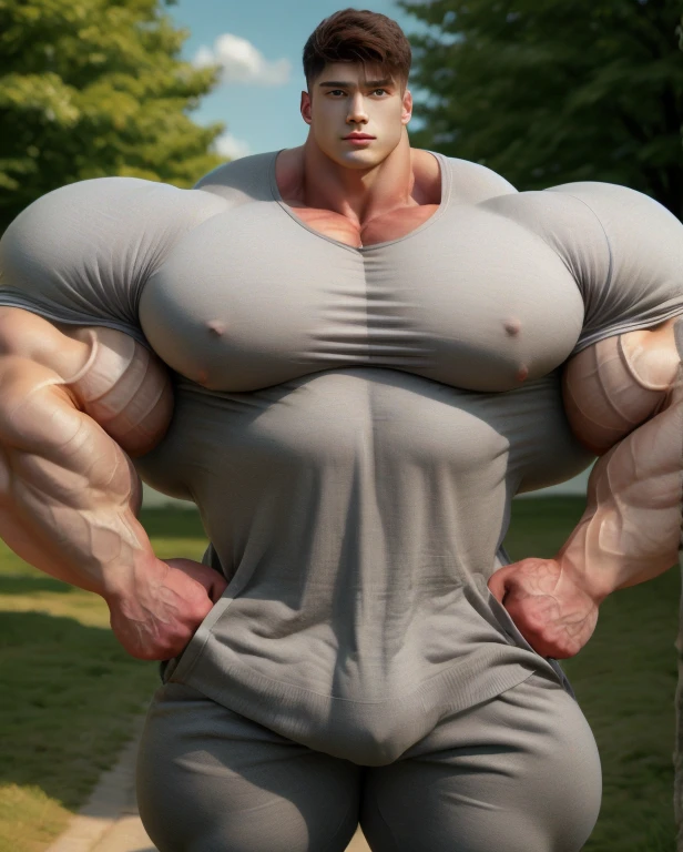 1 asian man, giant, buzz haircut, model shoot style, looking at camera, standing up, cool ambiance, outdoor, commercial photoshoot, large dry meadows, strong body, bulk, naked, wear grey sweater and pants, prominent bulge trunks, big, brutalmass, giant, muscular body, bulk, massive body, large meaty body size, brown skin, huge arms, ballooning meaty chests