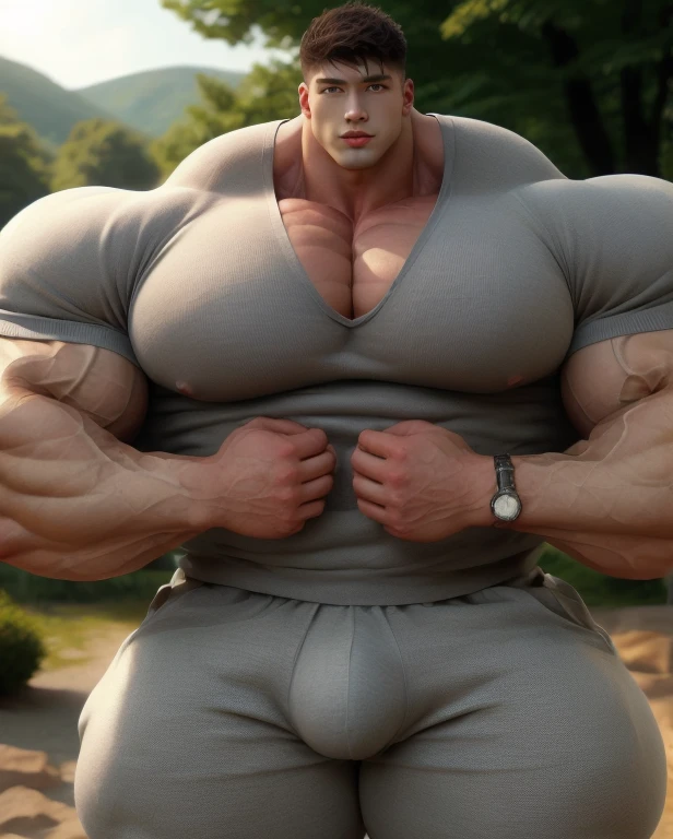 1 asian man, giant, buzz haircut, model shoot style, looking at camera, standing up, cool ambiance, outdoor, commercial photoshoot, large dry meadows, strong body, bulk, naked, wear grey sweater and pants, prominent bulge trunks, big, brutalmass, giant, muscular body, bulk, massive body, large meaty body size, brown skin, huge arms, ballooning meaty chests