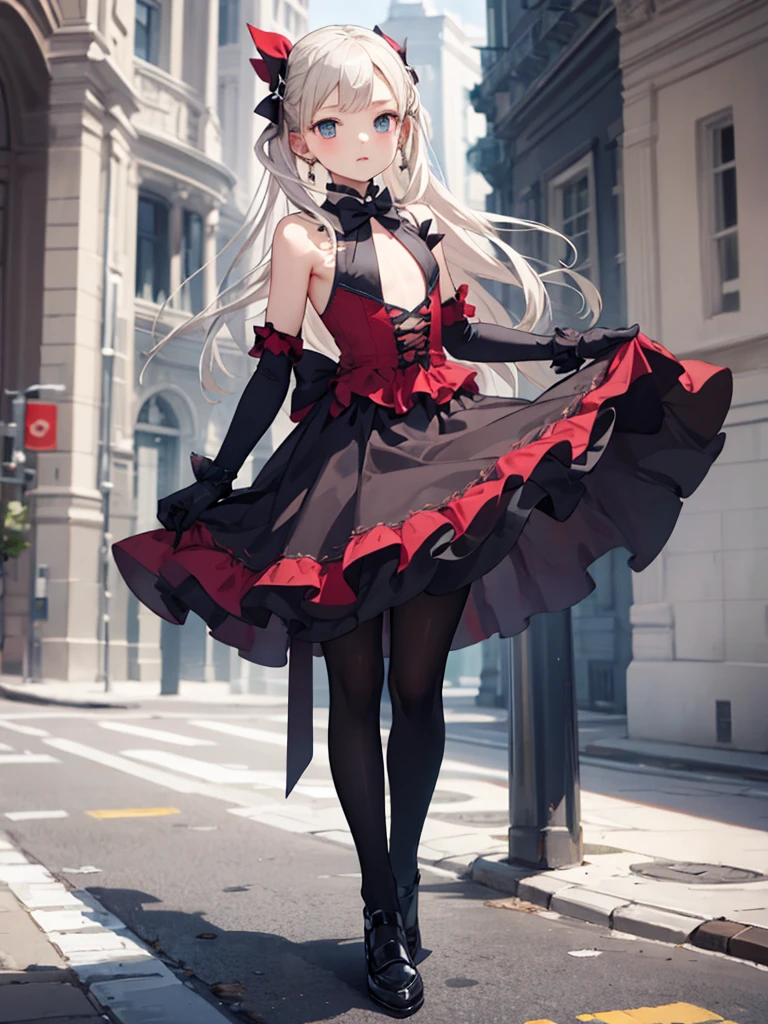 masterpiece, best quality, 1 girl, solo, , flat chest, ingridms, hairpods, gloves, skirt, pantyhose, bow, dress, full body,