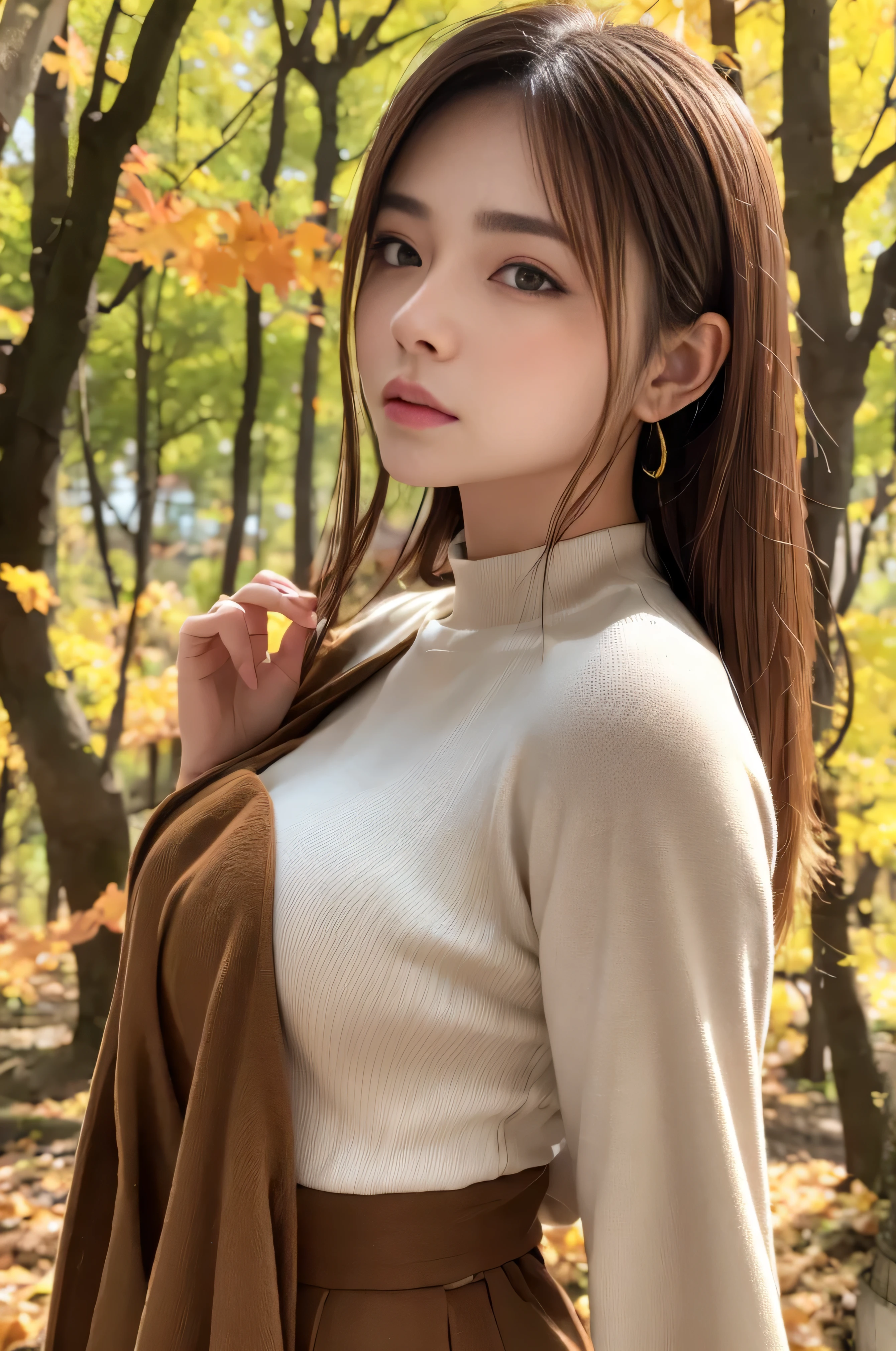 Masseter muscle area、sottle Woman、shortcut、Natural color clothes、Natural look、highest quality、Ultra-detailed、High quality details、８ｋ、autumn leaves:1.5、deep autumn forest、Tree leaking day、silence