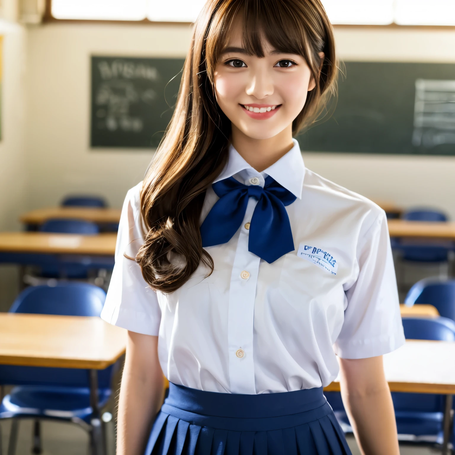 Product quality, One girl, Upper Body Shot, View from the front, Young and beautiful woman in Japan, Super cute face, 18-year-old, Standing in a high school classroom with a big smile on her face, Wearing a short-sleeved silk white collared shirt and a plain red shiny satin bow tie, Glossy lips, Double eyelids on both eyes, Natural Makeup, Long eyelashes, Shiny, smooth, light brown medium length hair, Asymmetrical bangs, Sunburned skin, Wearing a dark blue pleated skirt, Center image, 8K resolution, High detail, Detailed hairstyle, Detailed face, Spectacular movie lighting, Octane Rendering, Vibrant, Ultra-realistic, Perfect limbs, Perfect Anatomy,Wearing a mini skirt,Brown Hair,upright