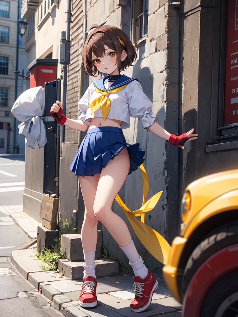 masterpiece, best quality, 1 girl, solo, 10 years old, flat chest, brown eyes, brown hair, short hair, bangs, ahoge, headband, , puffy sleeves, crop top, yellow neckerchief, blue skirt, fingerless gloves, thighs, white socks, red footwear, full body