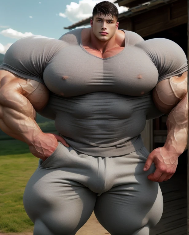 1 asian man, giant, buzz haircut, model shoot style, looking at camera, standing up, cool ambiance, outdoor, commercial photoshoot, large dry meadows, strong body, bulk, naked, wear wet grey sweater and pants, prominent bulge trunks, big, brutalmass, giant, muscular body, bulk, massive body, large meaty body size, brown skin, huge arms, ballooning meaty chests